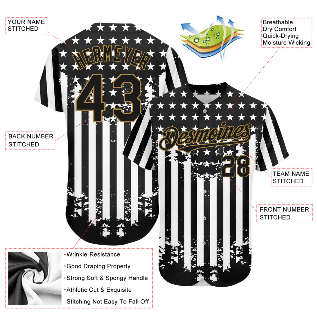 Custom Baseball Jersey Black Old Gold-White 3D Pattern Design Goat Authentic Men's Size:3XL