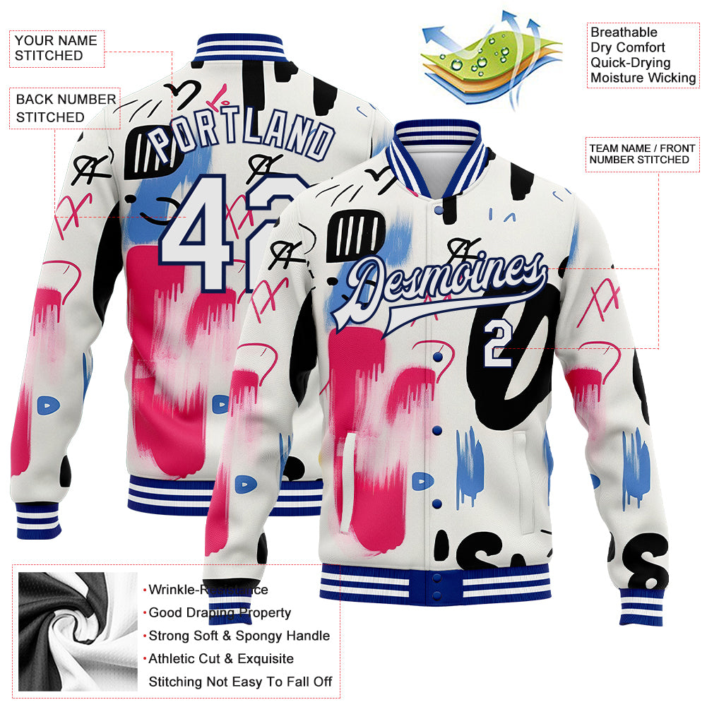 Custom Graffiti Pattern White Royal Grunge Art 3d Bomber Full Snap Varsity Letterman Jacket Free 1714