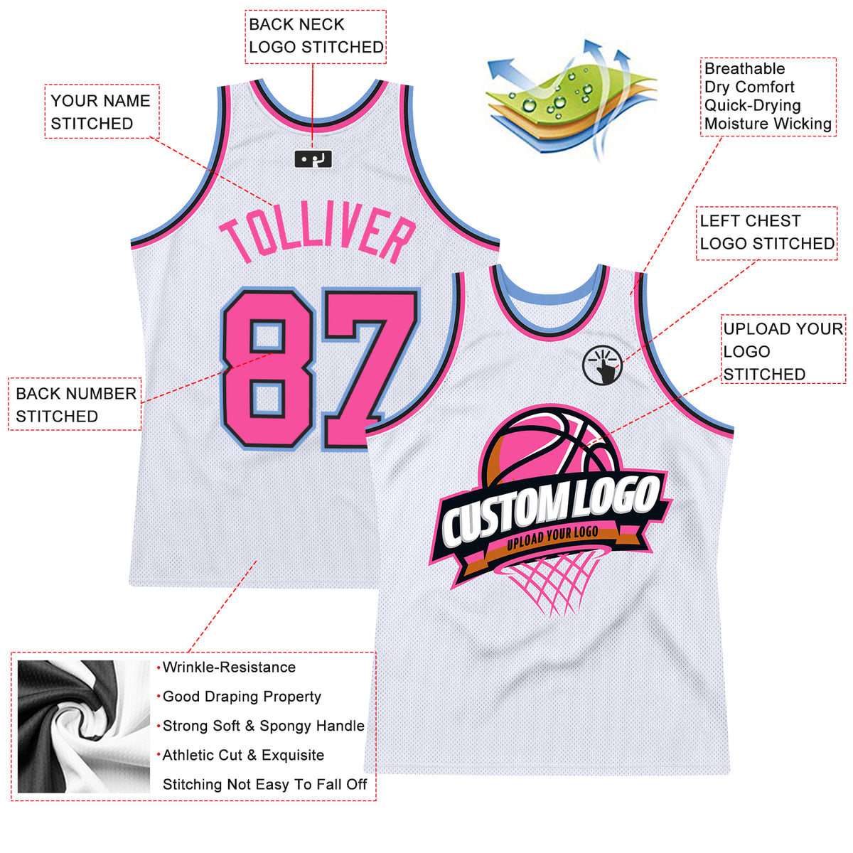 Custom White Pink Black-Light Blue Authentic Throwback Basketball Jersey  Fast Shipping – FiitgCustom