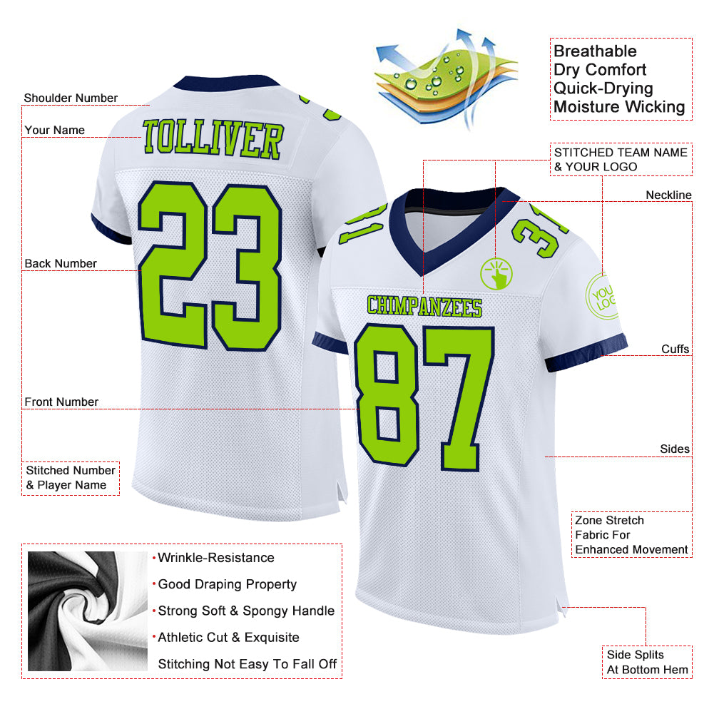 Custom Neon Green Navy-White Mesh Authentic Football Jersey – Fiitg