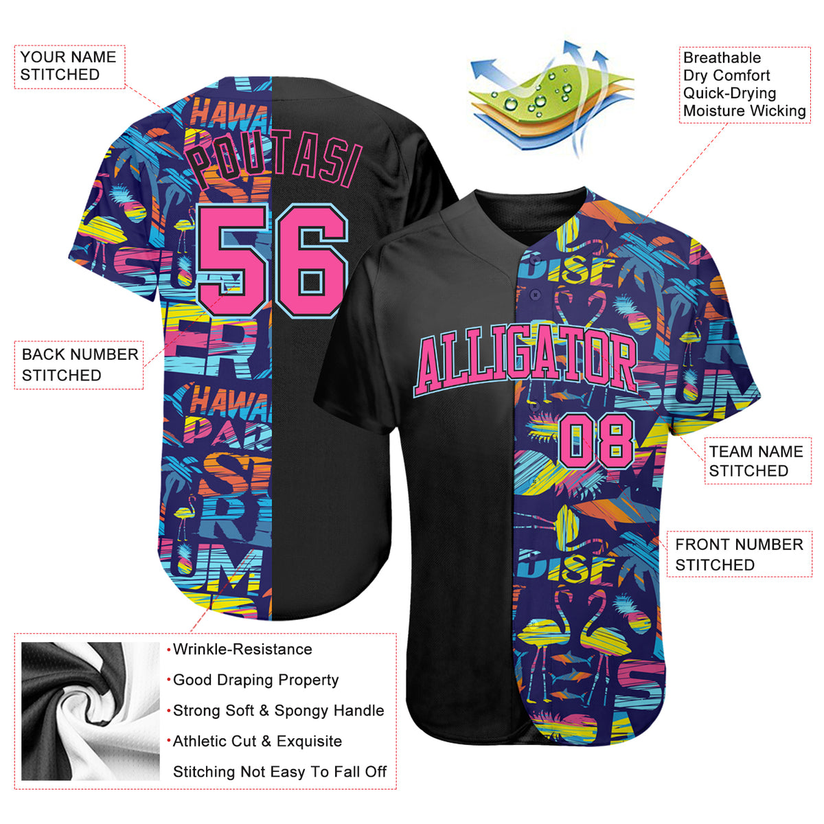 Custom Aqua White-Aqua 3D Pattern Design Hawaii Palm Trees Authentic Baseball Jersey Youth Size:L