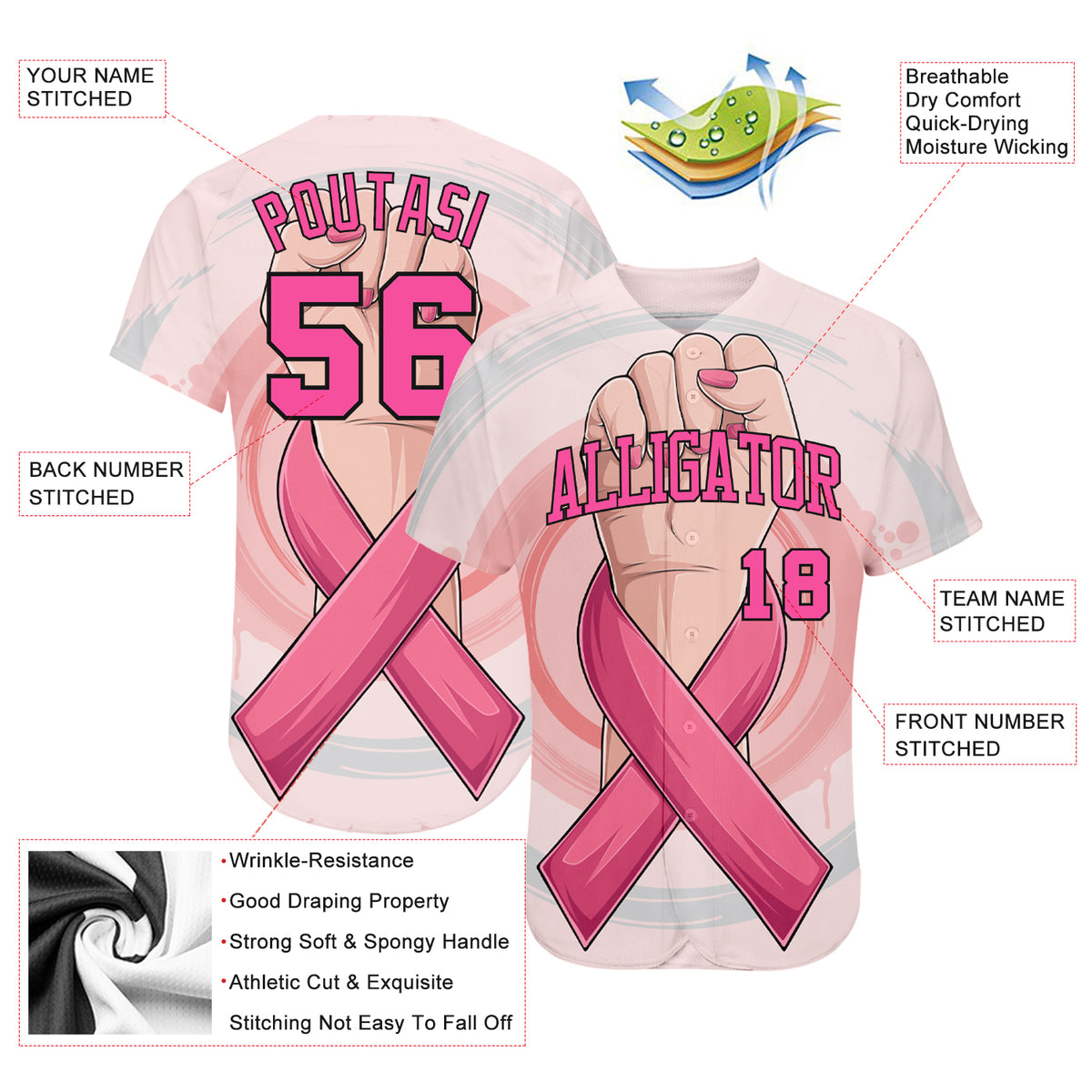 Custom Pink Ribbon Baseball Jersey Pink White-Hot Pink 3D Breast Cancer  Awareness Month Women Health Care Support Authentic - FansIdea