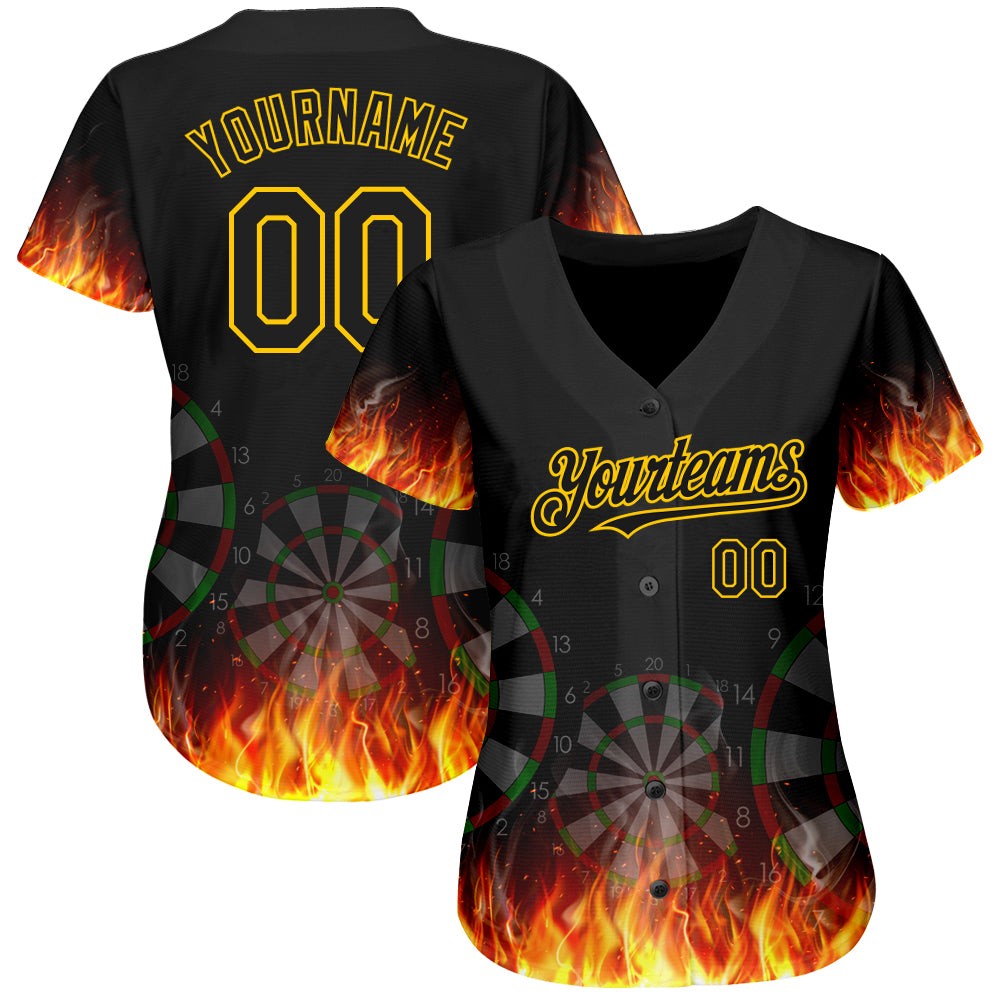 Custom Baseball Jersey Black Gold-White 3D Pattern Design Lightning Flame Dart Board Authentic Men's Size:2XL