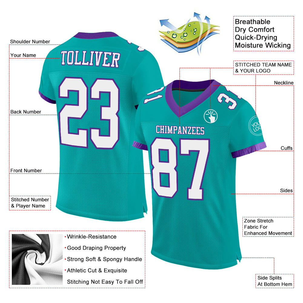 FIITG Custom Football Jersey Purple Aqua-White Mesh Authentic Men's Size:XL