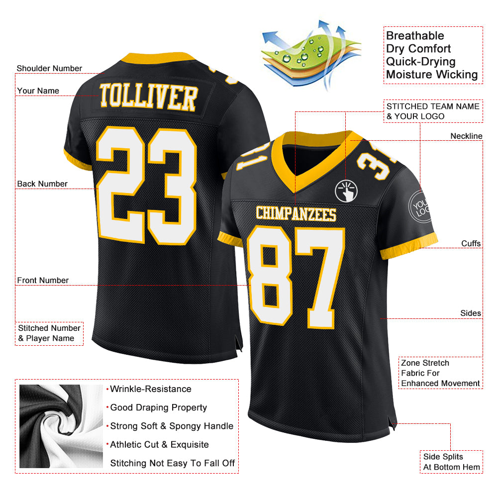 Custom White Black-Gold Mesh Authentic Football Jersey