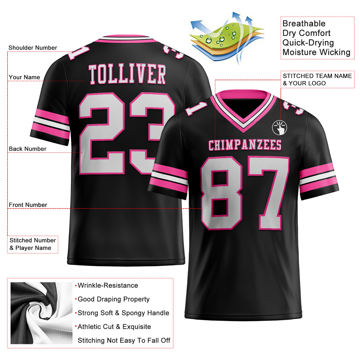 Custom Black White-Pink Mesh Authentic Football Jersey Free