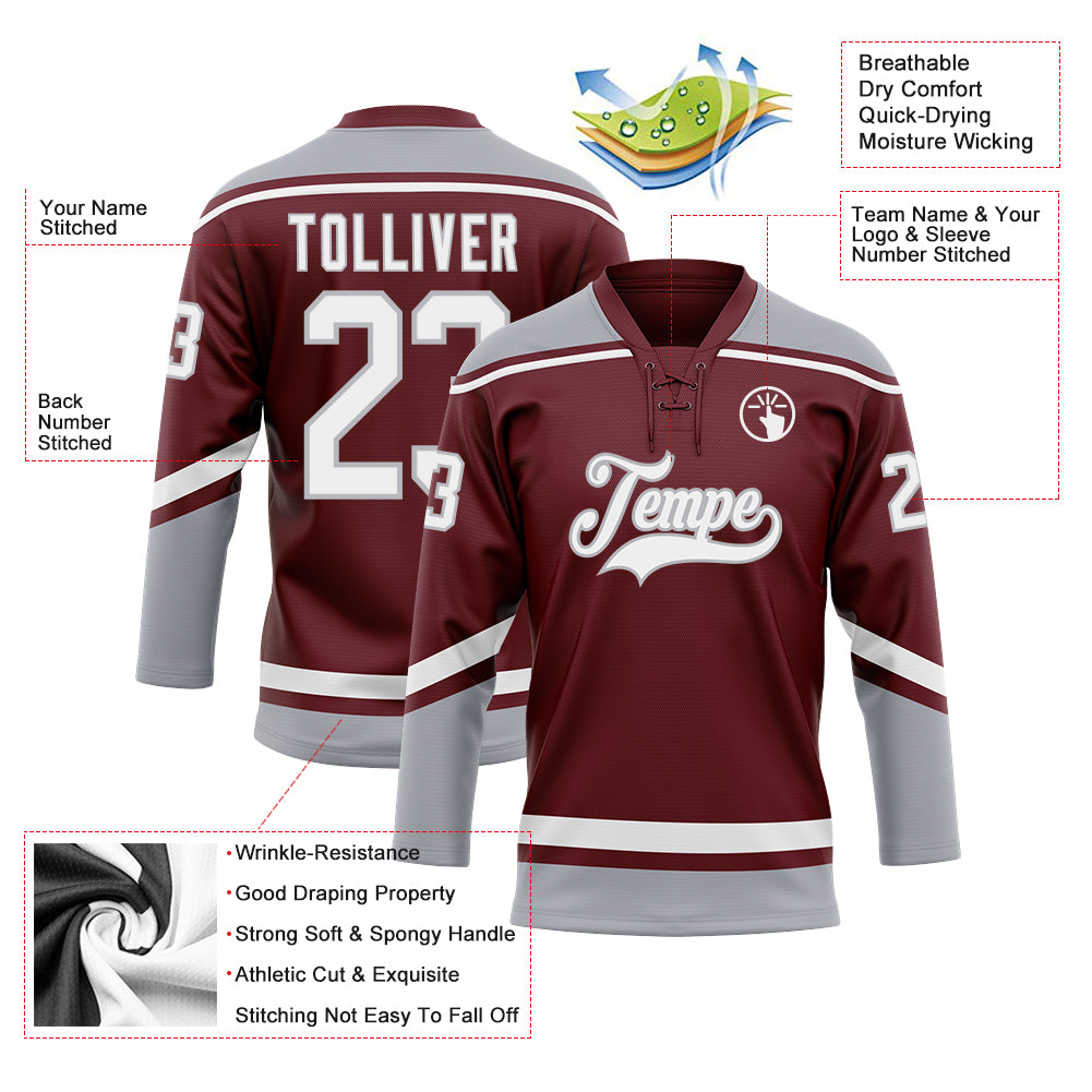 Custom Burgundy White-Gray Hockey Lace Neck Jersey Fast Shipping –  FiitgCustom