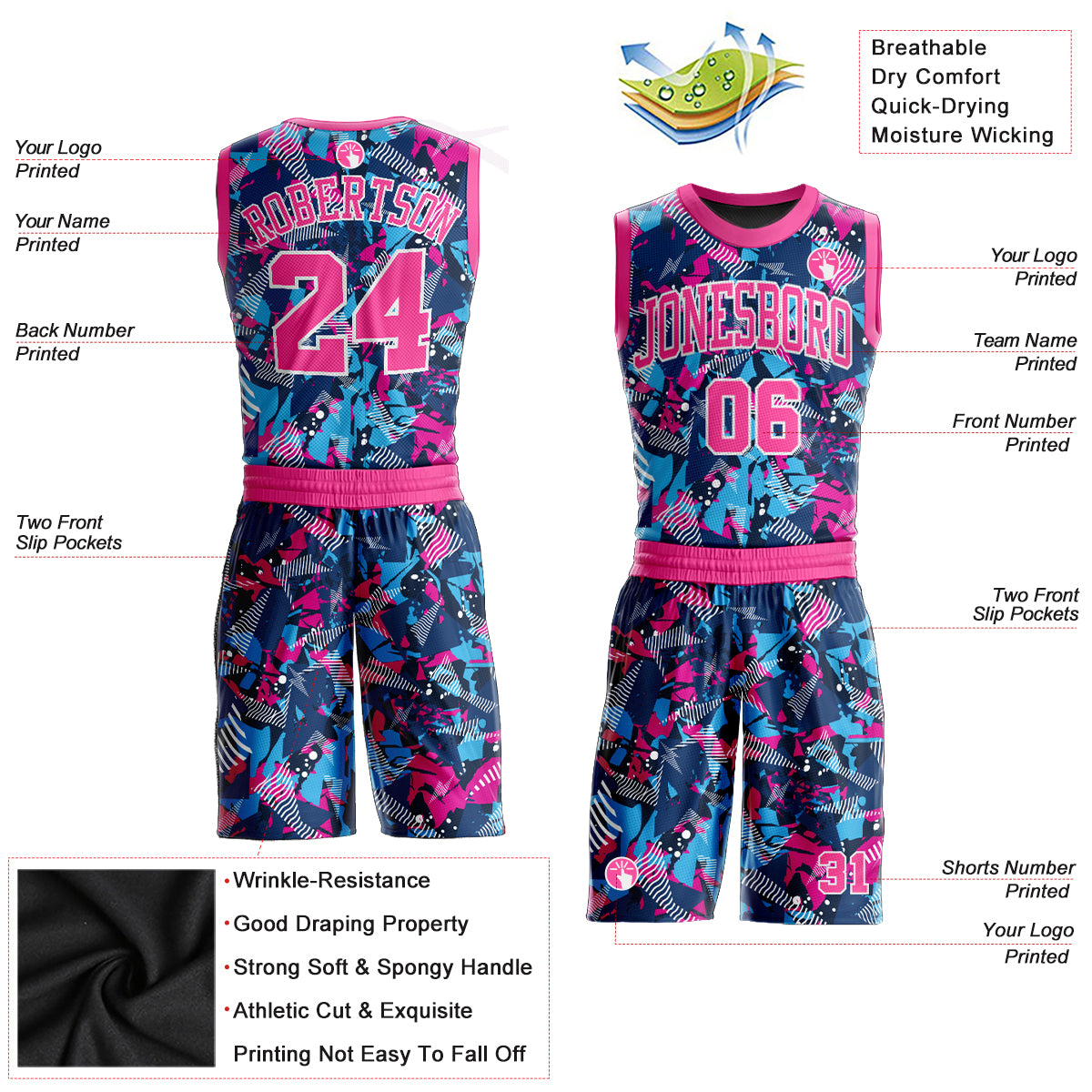 FIITG Custom Basketball Suit Jersey Figure Pink-Light Blue Round Neck Sublimation