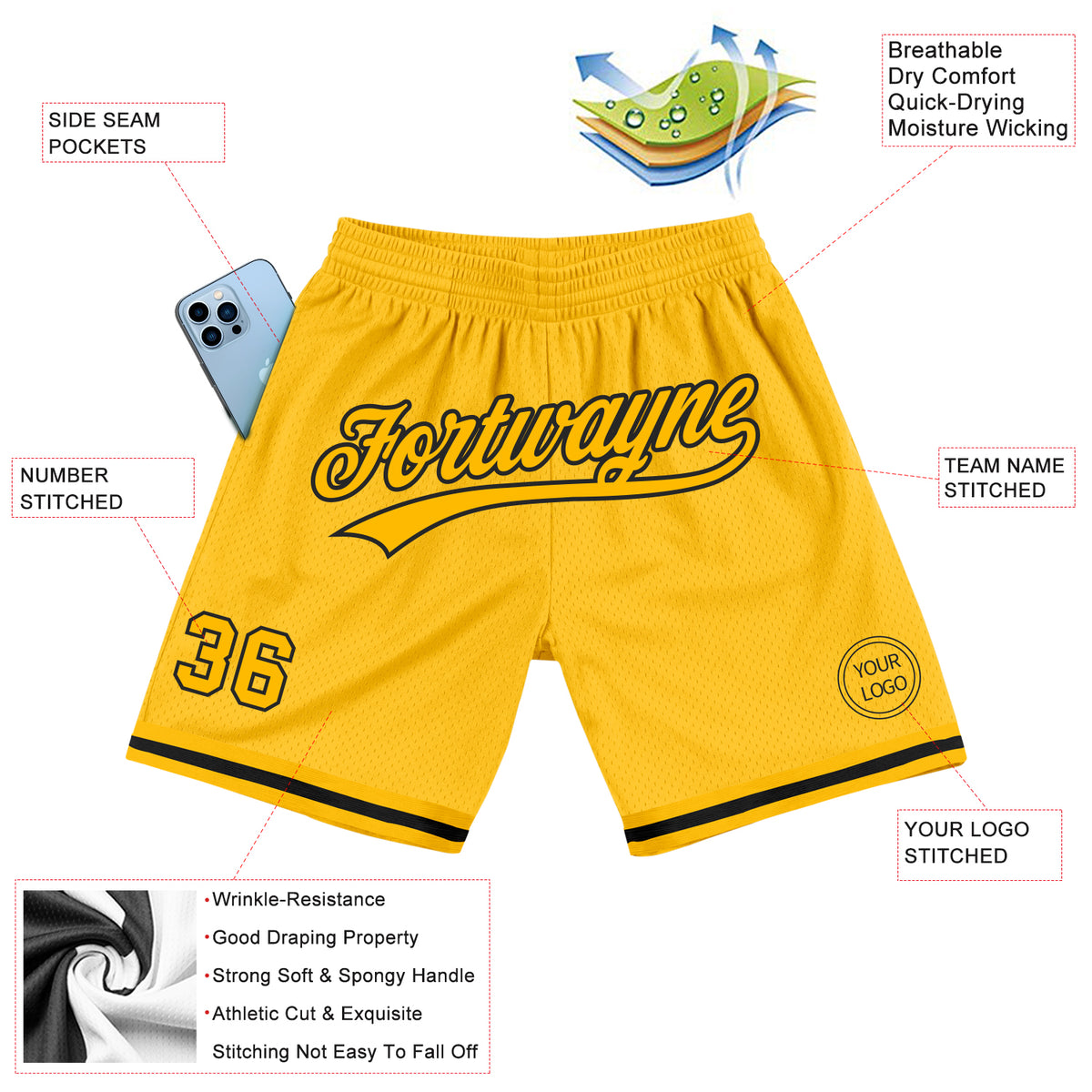 NBA Shorts Men's Yellow Lakers All Stitched