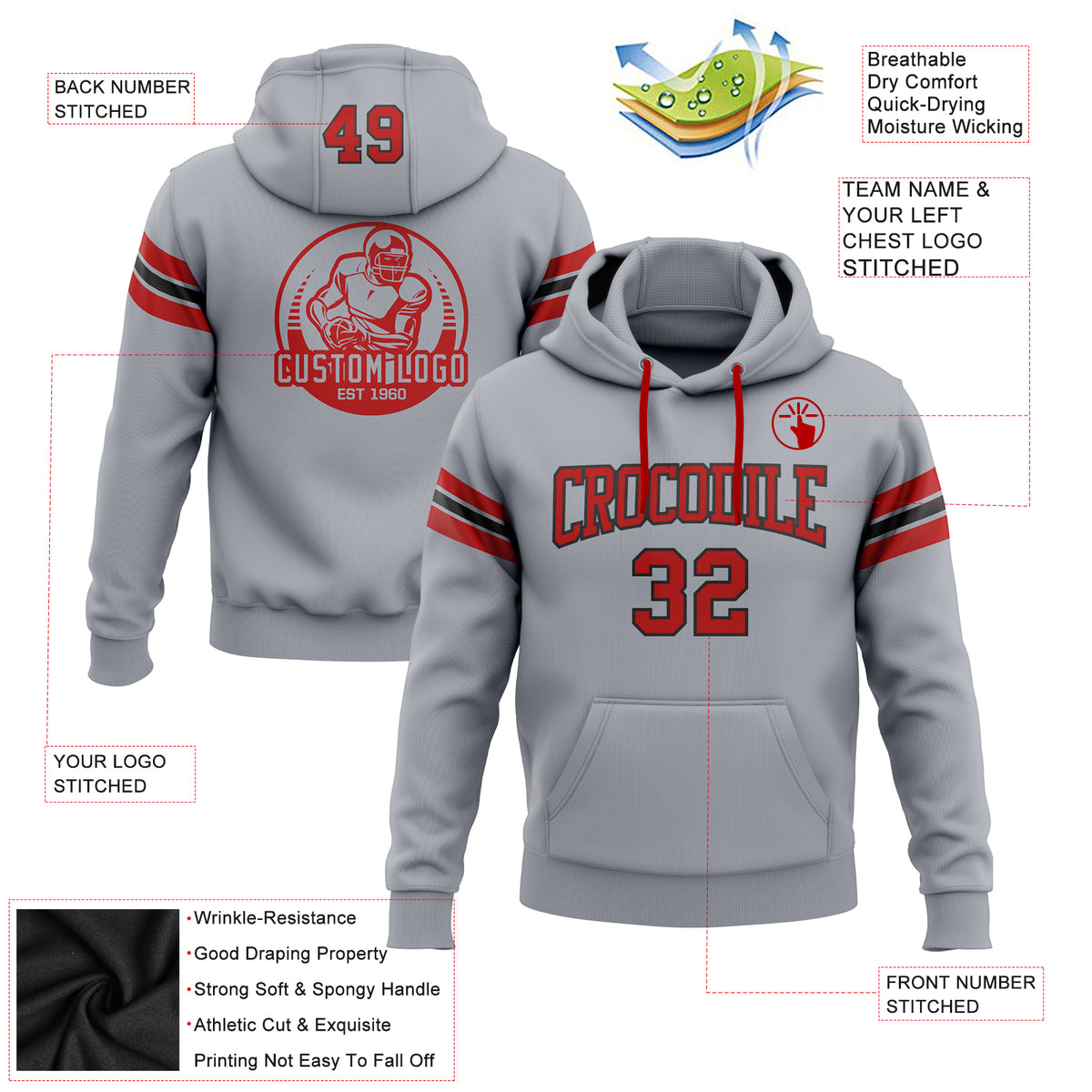 Custom Stitched Gray Red-Black Football Pullover Sweatshirt Hoodie Free  Shipping – Fiitg