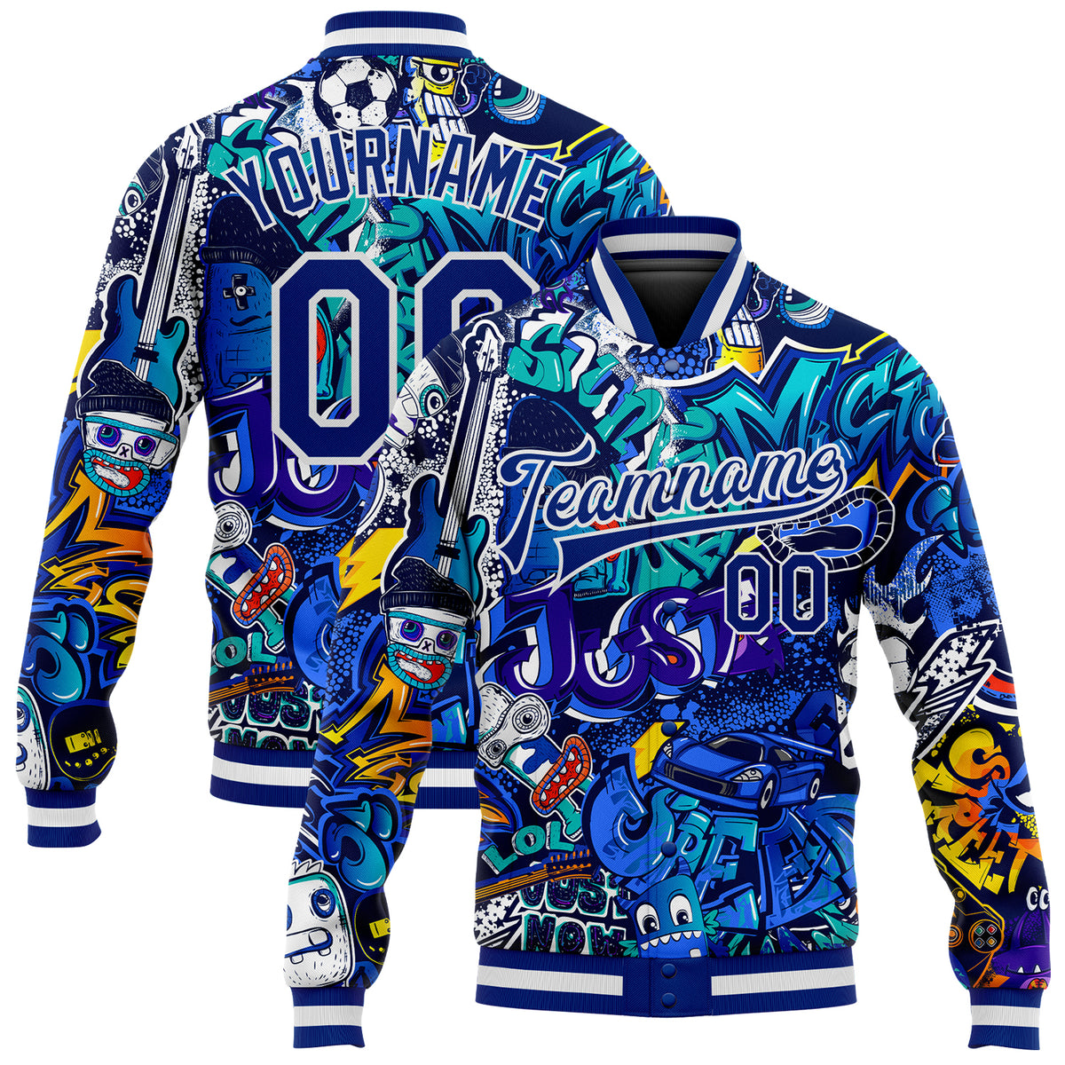 Custom Graffiti Pattern Royal White Abstract Urban Street Art 3d Bomber Full Snap Varsity 8257