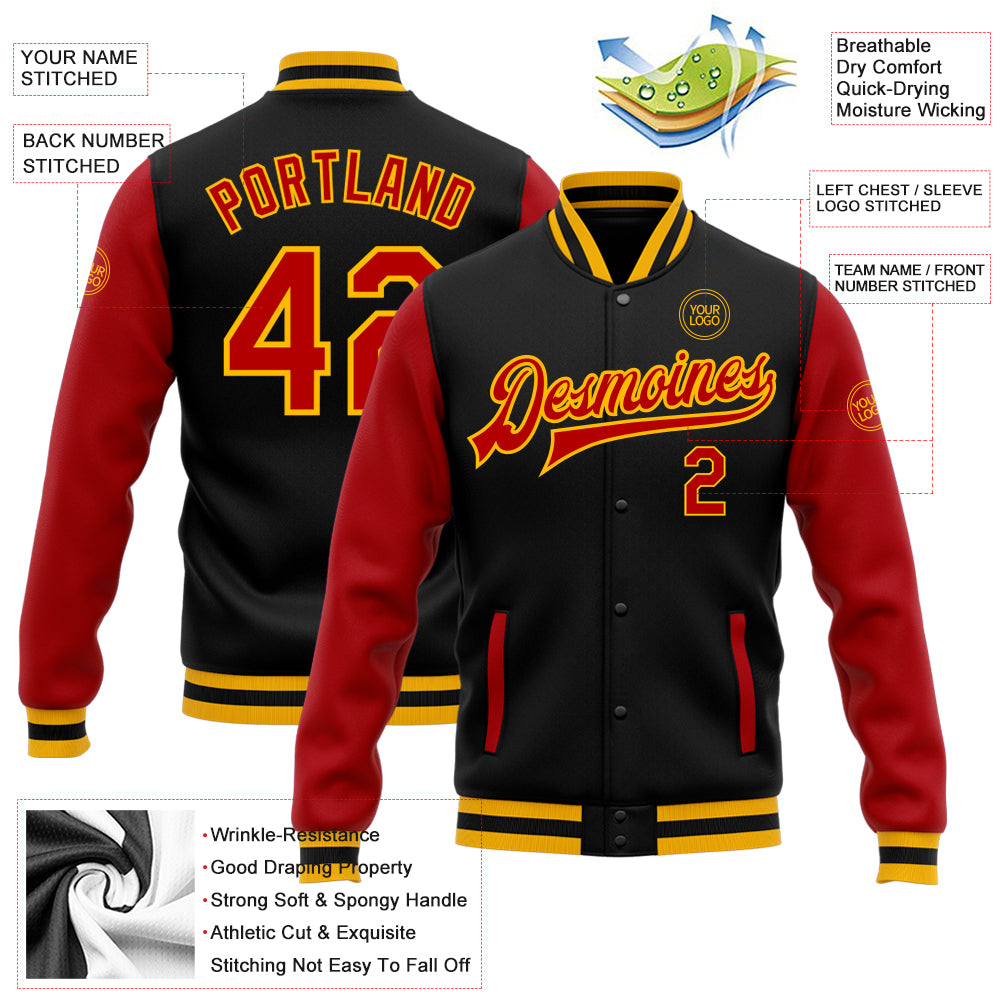 Custom Red Black-Gold Bomber Full-Snap Varsity Letterman Two Tone Jacket  Free Shipping – Fiitg