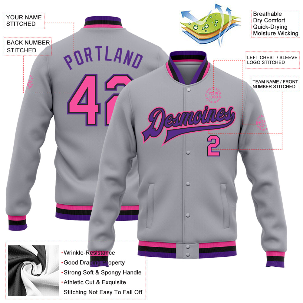 Custom Gray Pink Black-Purple Bomber Full-Snap Varsity Letterman Jacket  Free Shipping – Fiitg