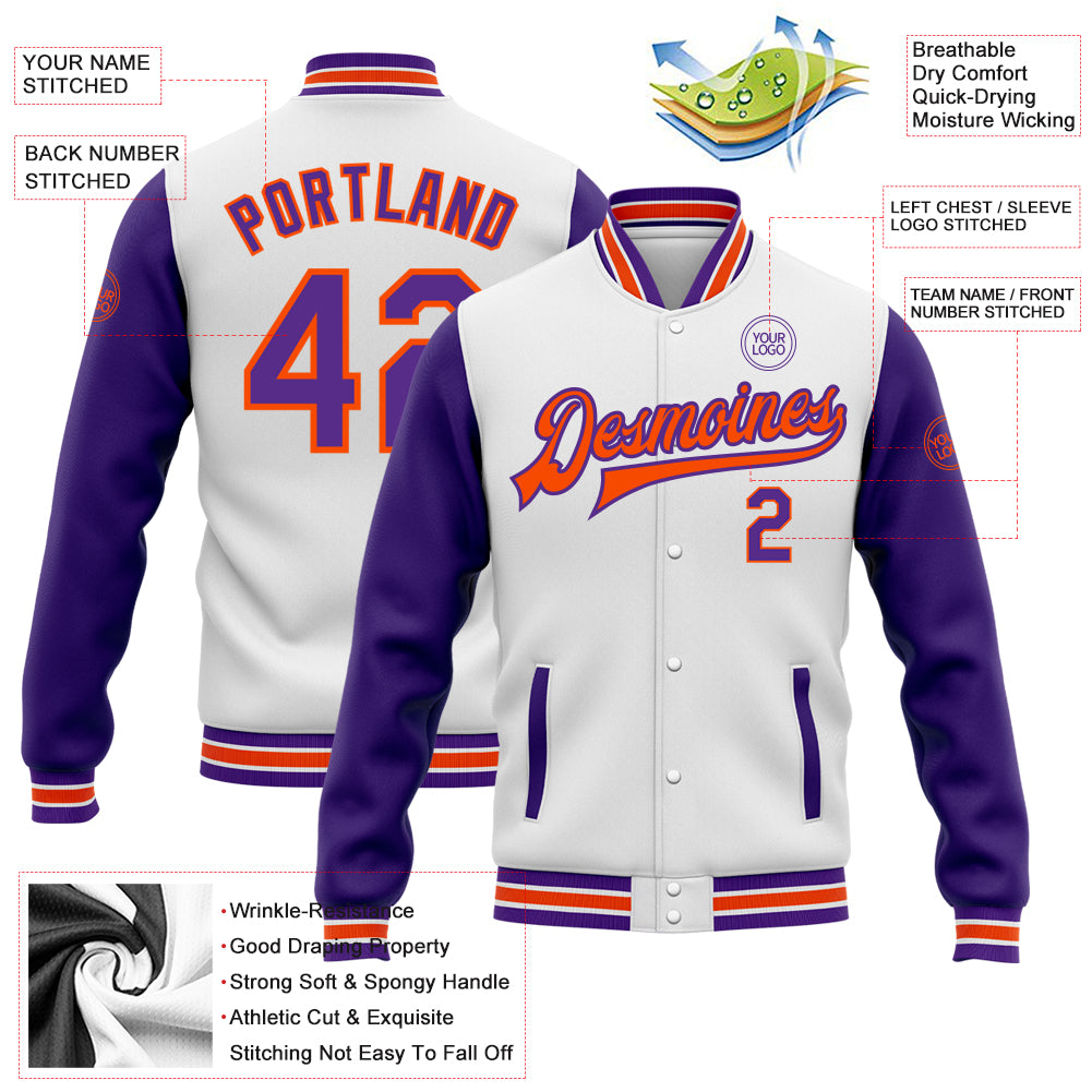 Cheap Custom Purple Pink-White Bomber Full-Snap Varsity Letterman