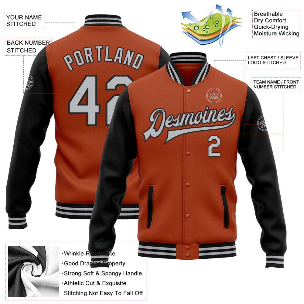 Custom Royal Orange-Black Bomber Full-Snap Varsity Letterman Two