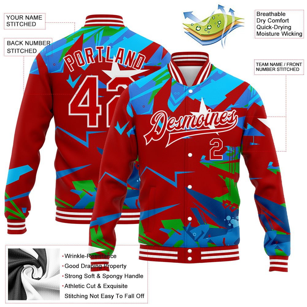 Custom Graffiti Pattern Red White Hiphop Abstract Urban Street Art 3d Bomber Full Snap Varsity 1870