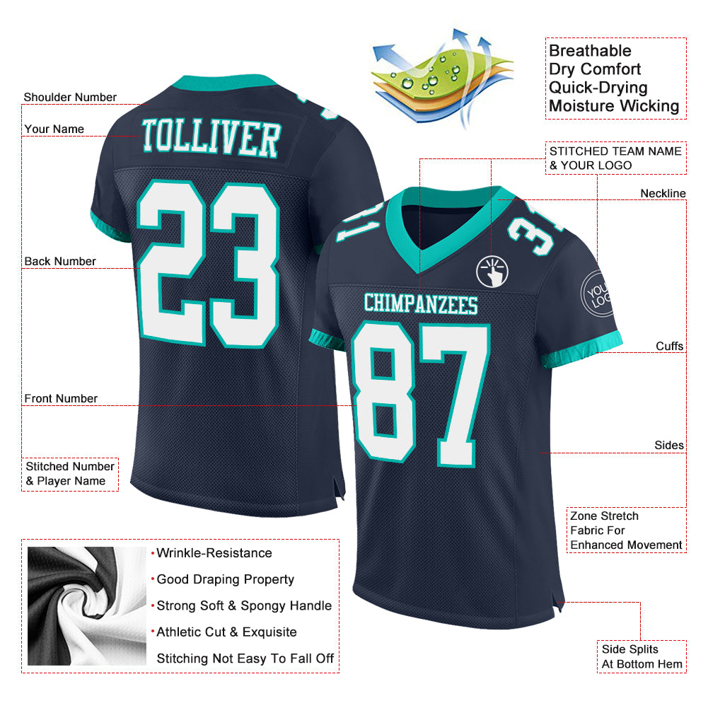 Custom Aqua Navy-White Mesh Authentic Football Jersey