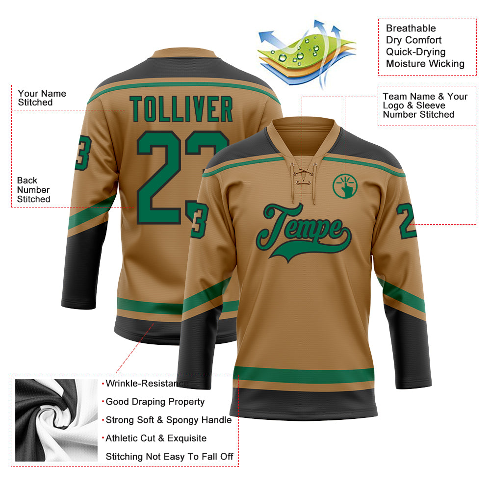 Custom Kelly Green Old Gold-Black Hockey Jersey Discount