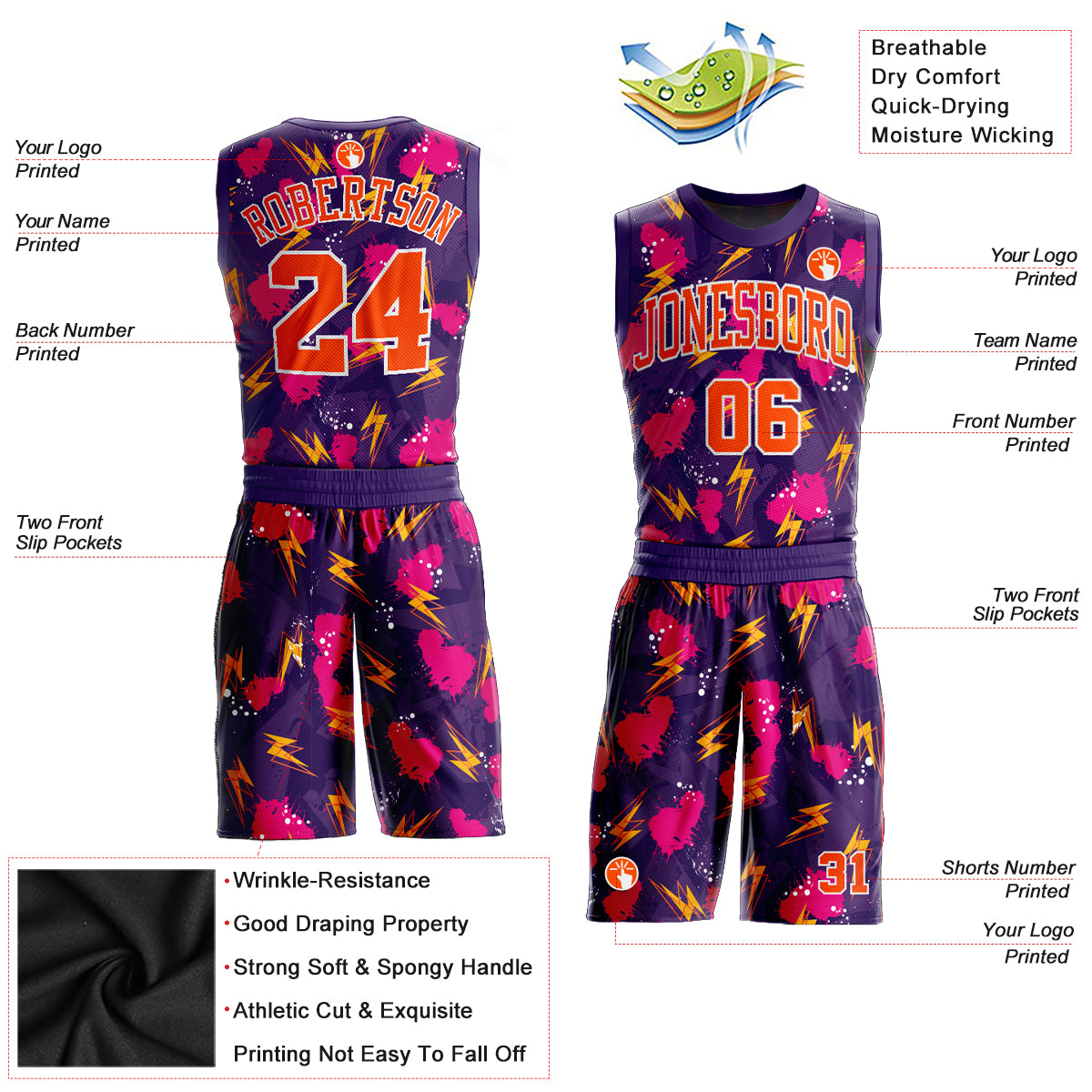 FIITG Custom Basketball Suit Jersey Purple Orange-Gold Music Festival Round Neck Sublimation