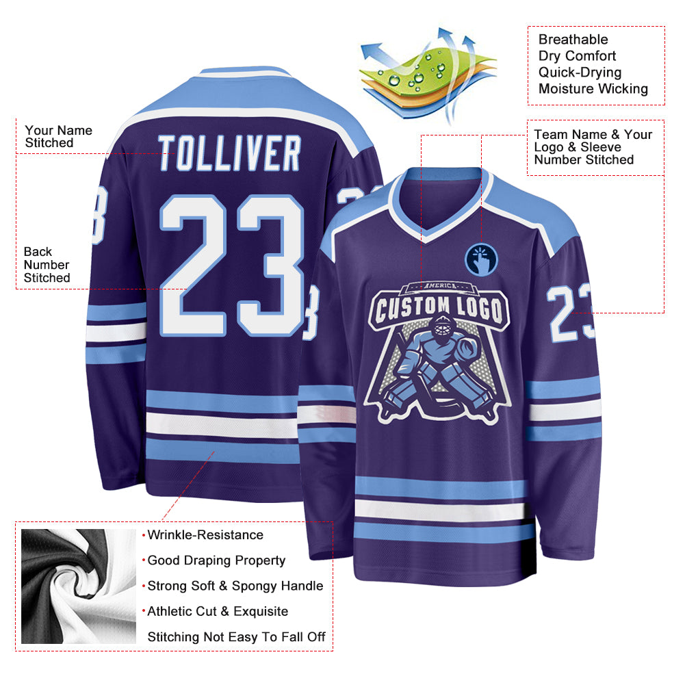 Custom Sky Blue White-Purple Hockey Lace Neck Jersey Discount