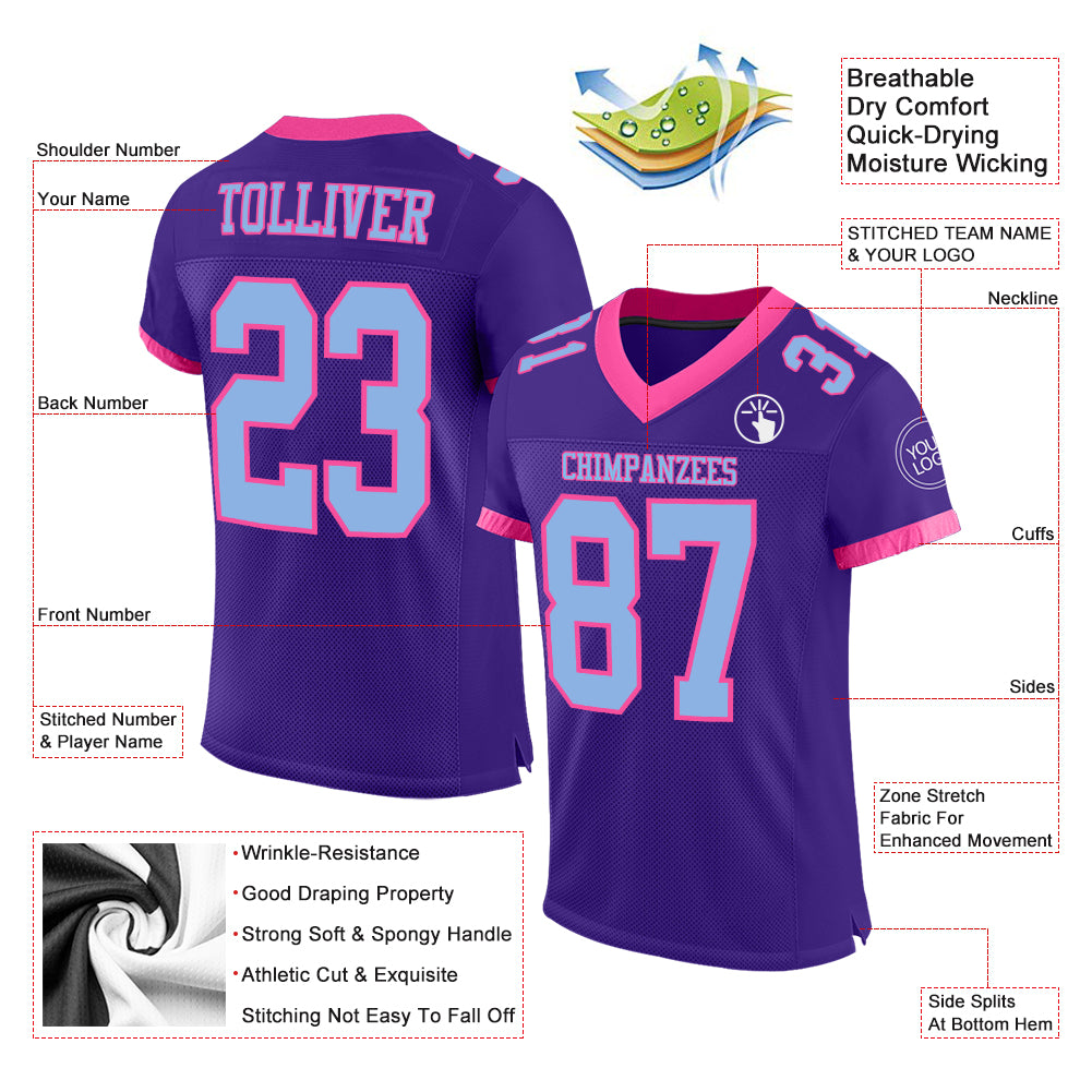 Custom Purple Light Blue-Pink Mesh Authentic Football Jersey – Fiitg