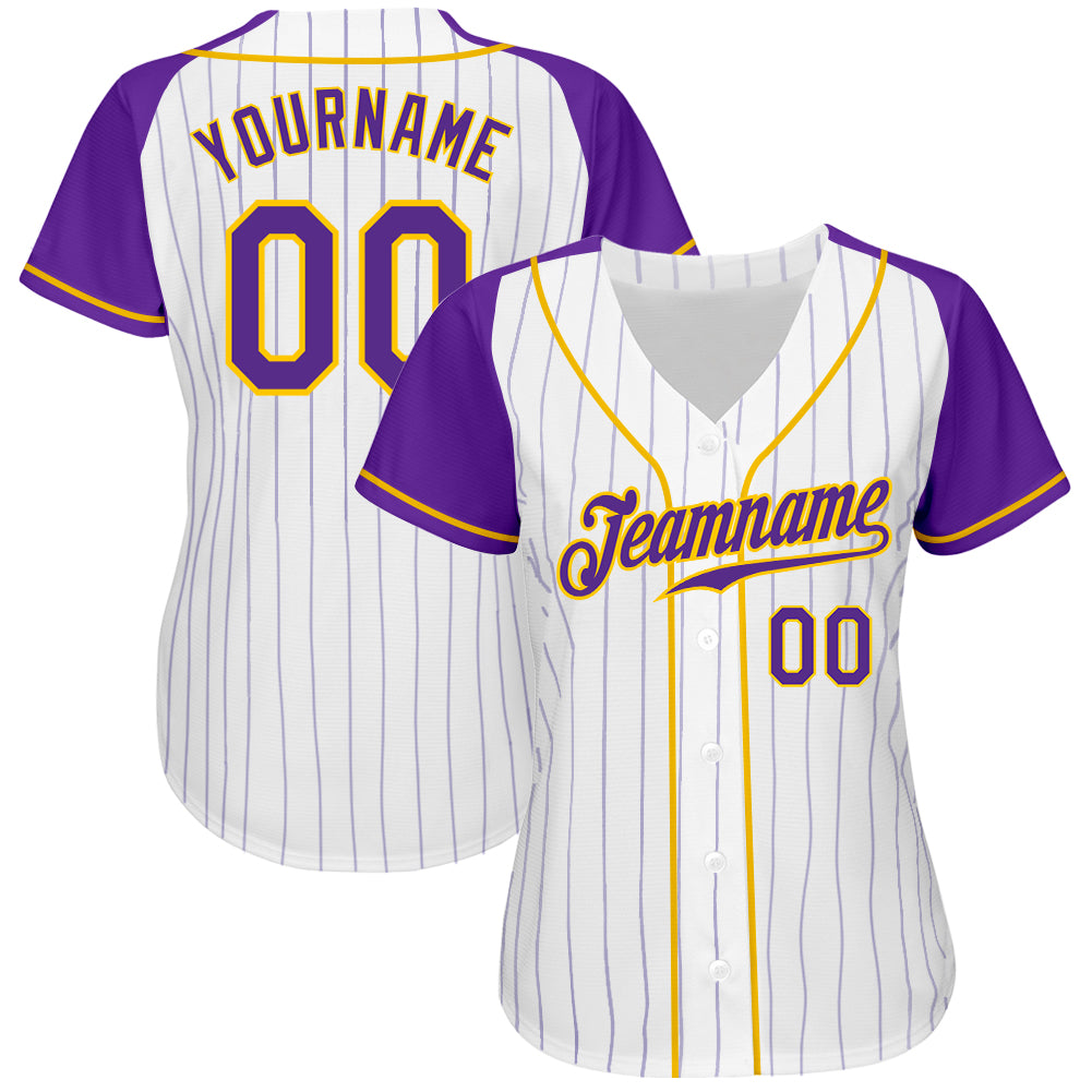 Custom White Purple Pinstripe Purple-Gold Authentic Baseball Jersey Youth Size:L