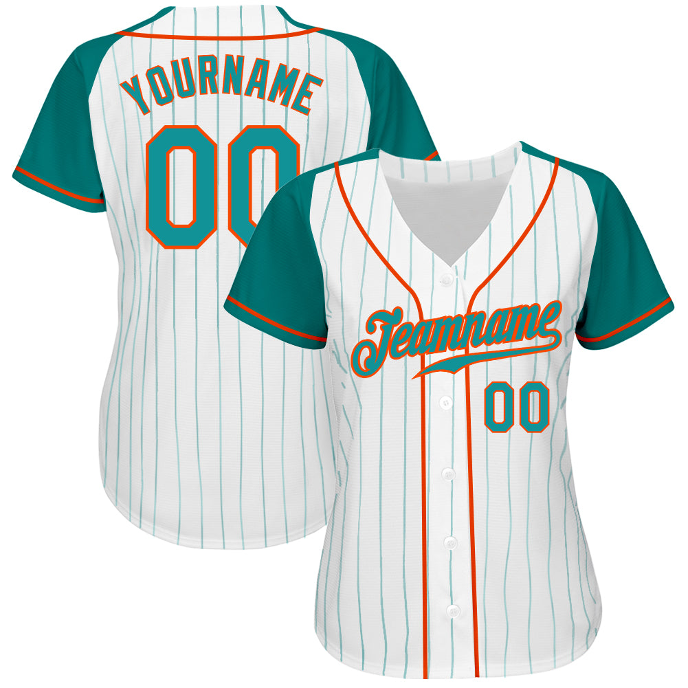 Custom Aqua White Pinstripe Orange-White Authentic Baseball Jersey Women's Size:L