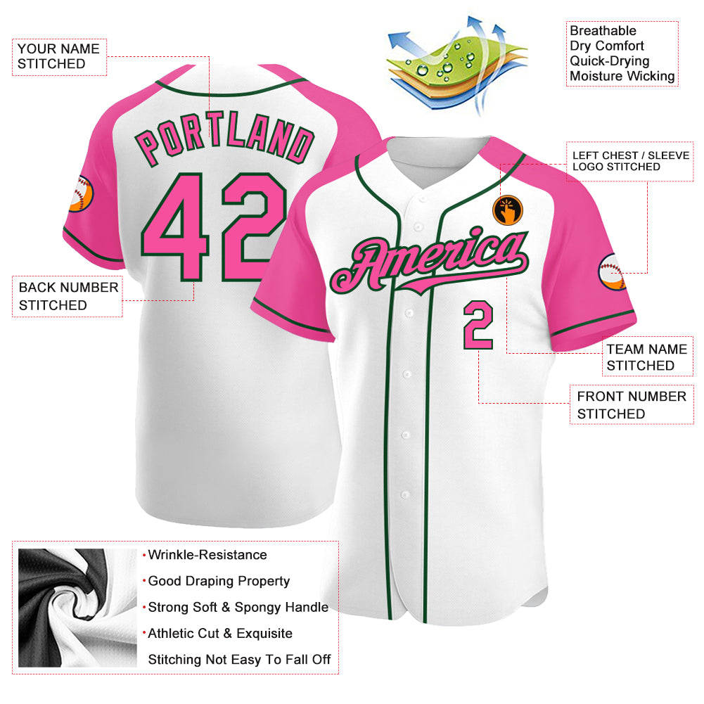 Custom Pink White-Kelly Green Authentic Raglan Sleeves Baseball Jersey  Discount