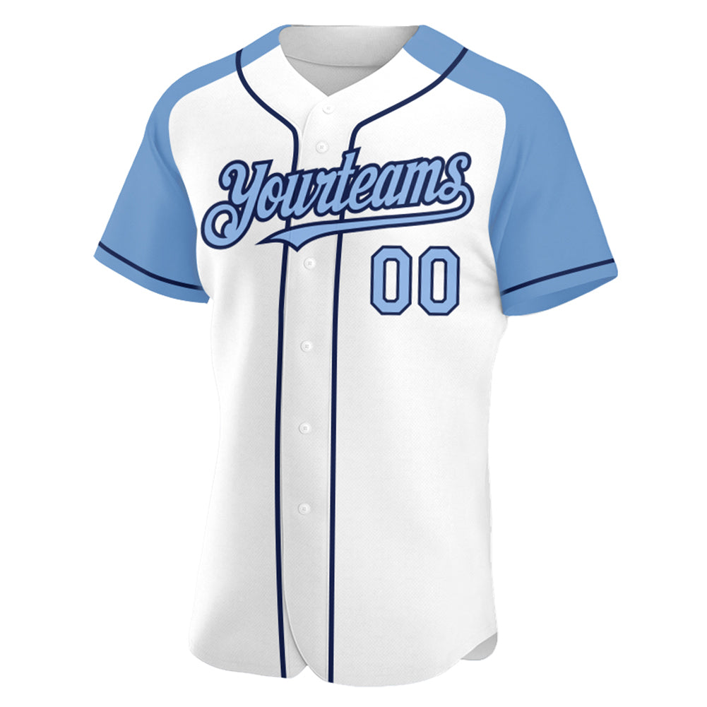 Custom White Light Blue Pinstripe Navy-Light Blue Authentic Raglan Sleeves  Baseball Jersey