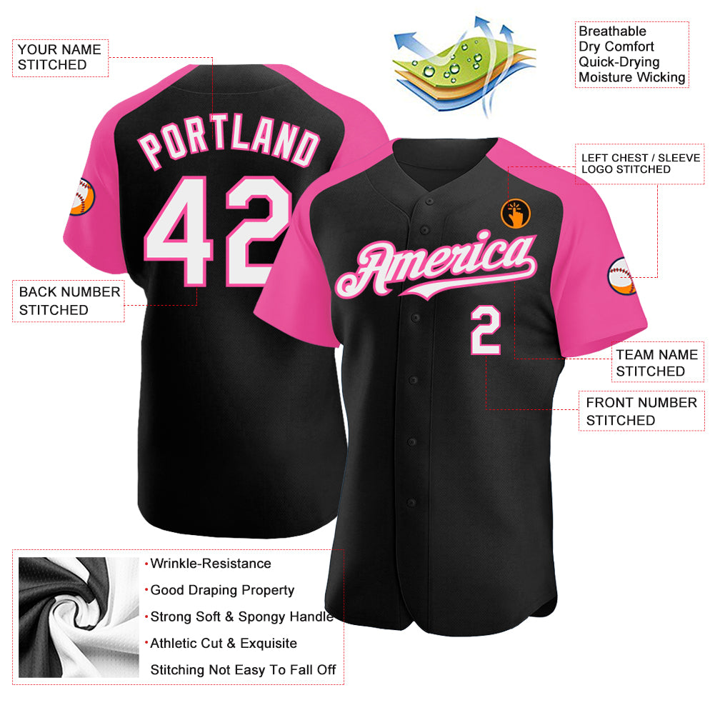 Custom White Pink Raglan Pink Black Baseball Jerseys For Men &