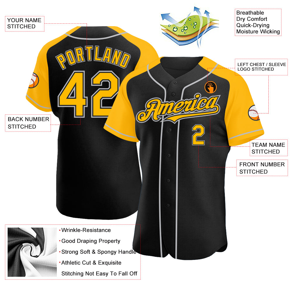 Custom Gray Black-Gold Authentic Raglan Sleeves Baseball Jersey