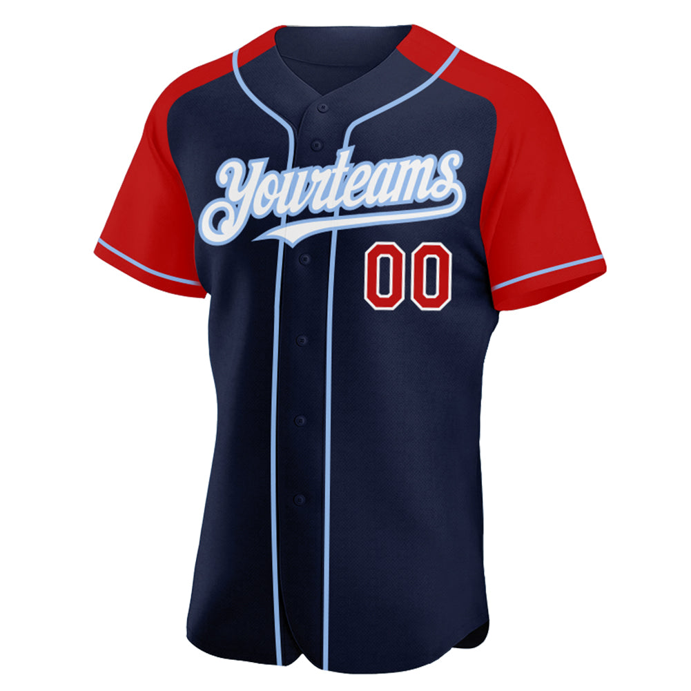 Custom White Red Pinstripe Red-Light Blue Authentic Raglan Sleeves Baseball  Jersey