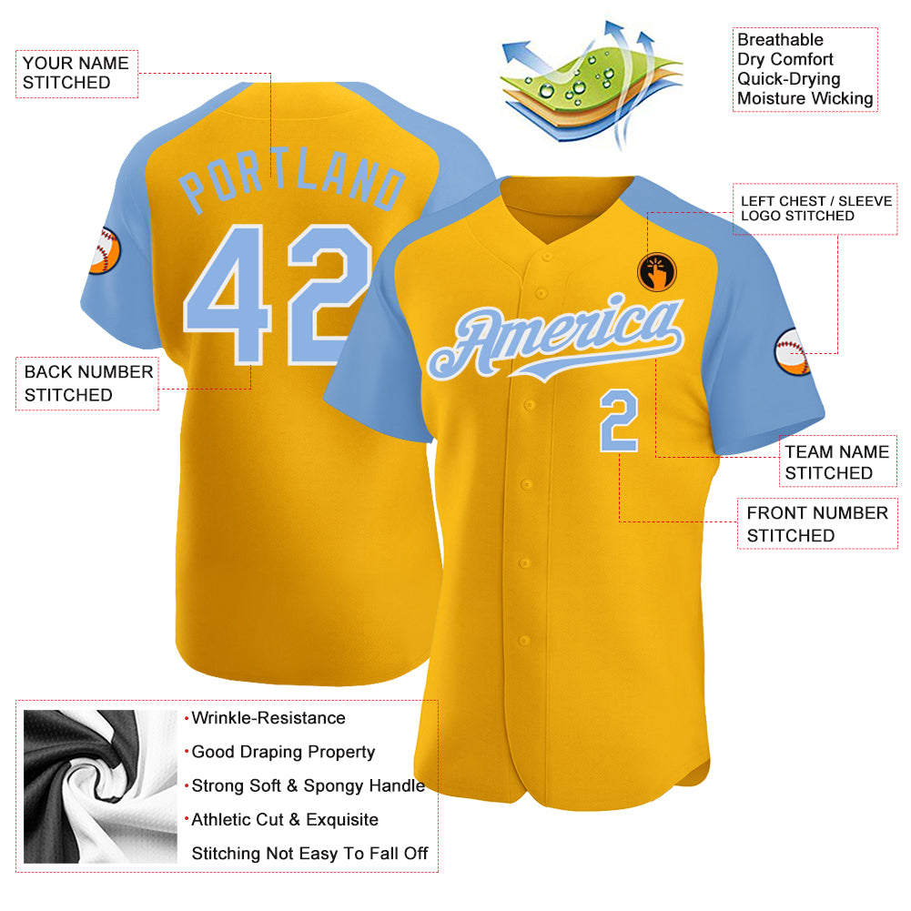 Gold Light Blue-White CUSTOM Baseball Jersey 