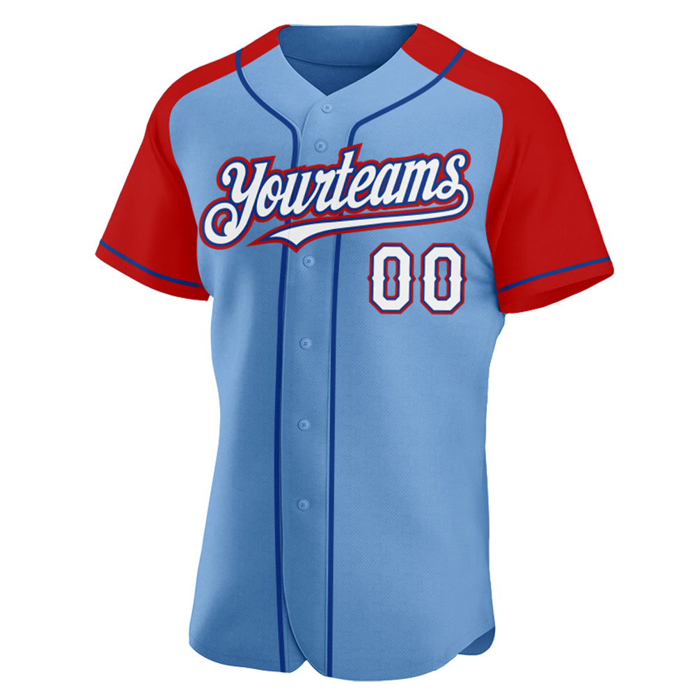 Custom White Red Pinstripe Red-Light Blue Authentic Raglan Sleeves Baseball  Jersey