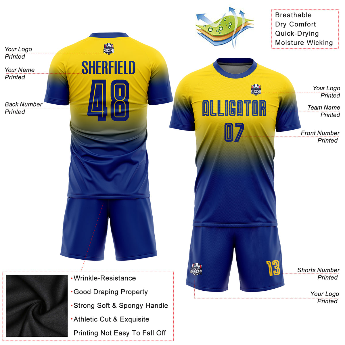 Custom Gold Royal-Light Blue Away Sublimation Soccer Uniform Jersey Free  Shipping – Fiitg