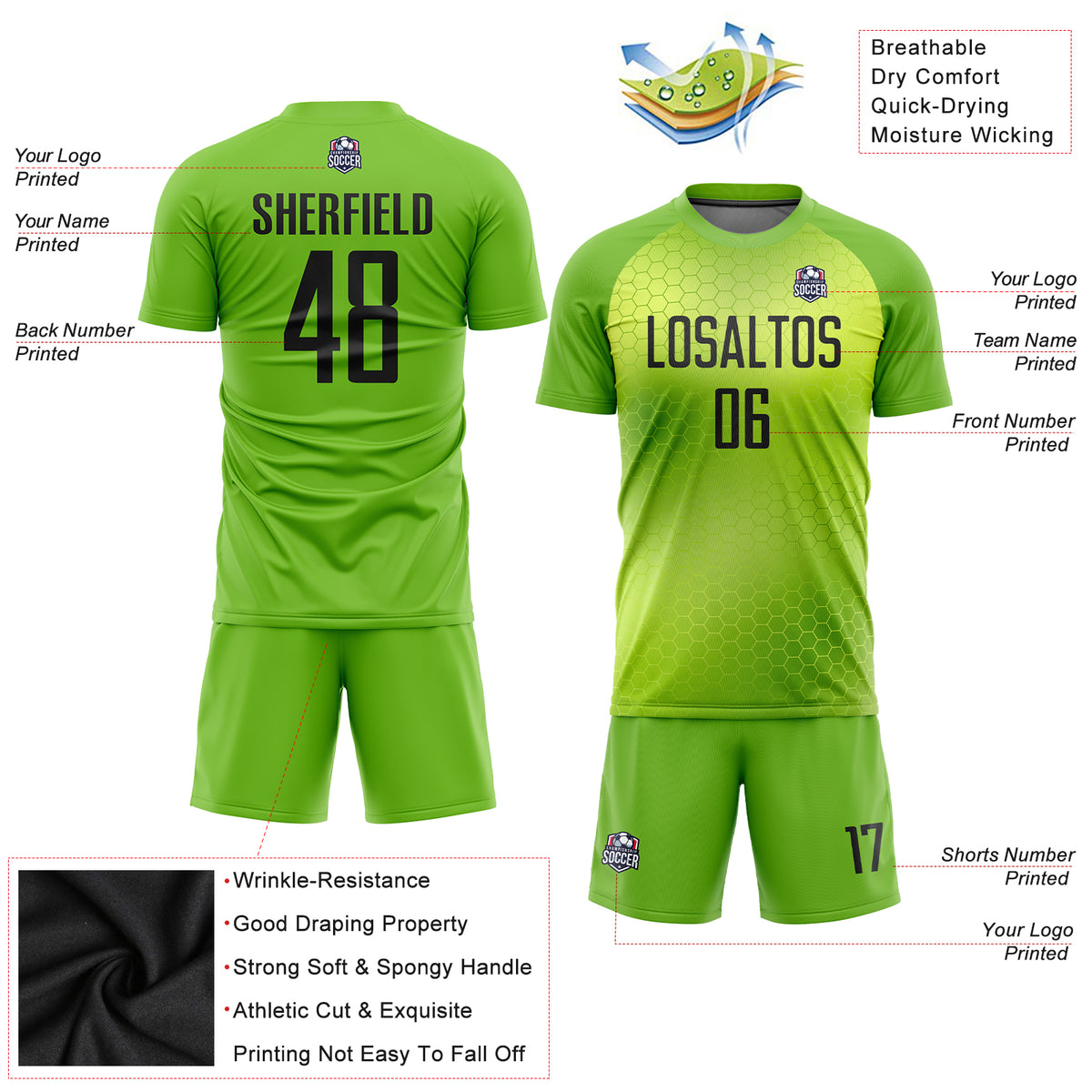 Customized Black Fluorescent Green Soccer Jersey Popular Team Club