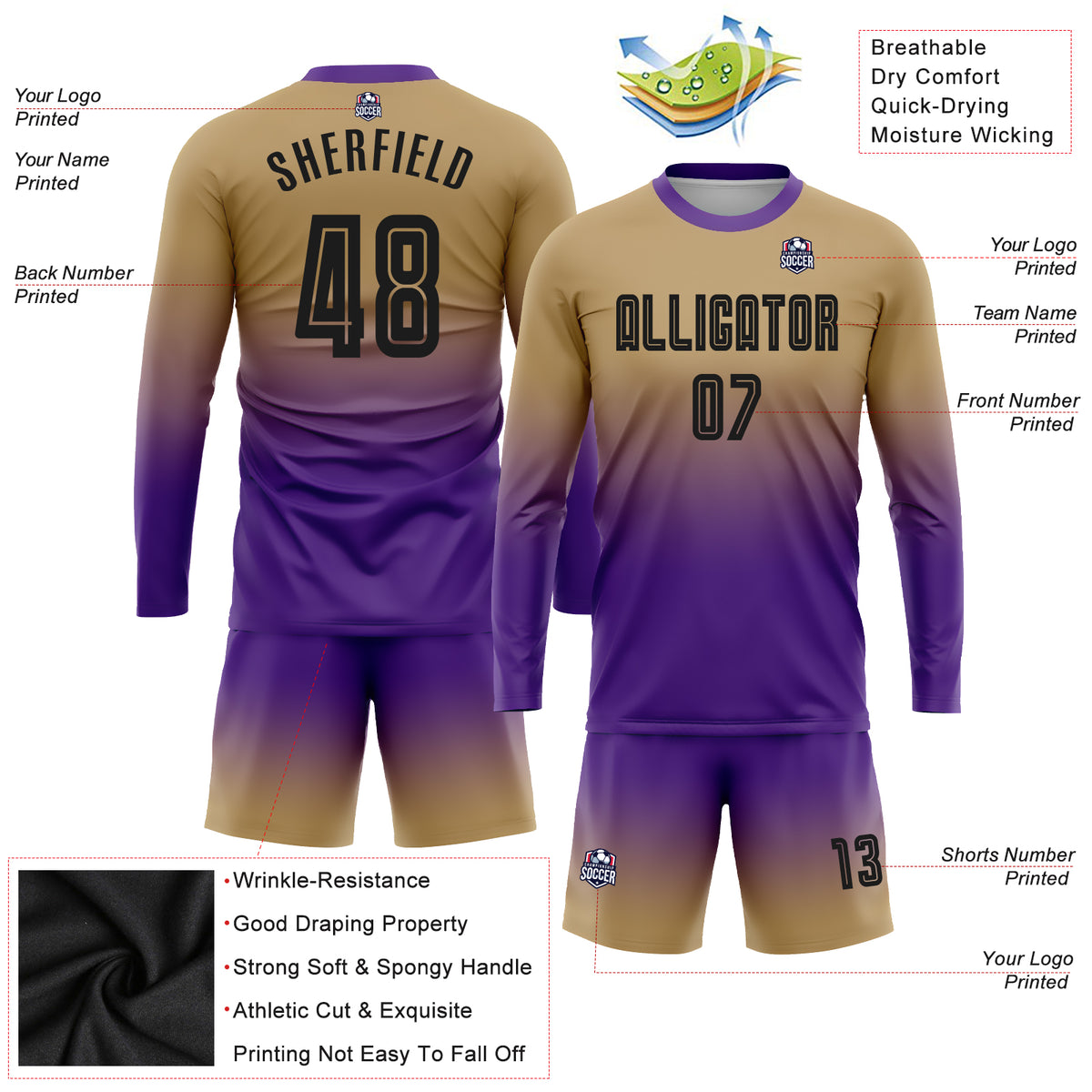 Custom Purple Gold-Black Sublimation Fade Fashion Soccer Uniform