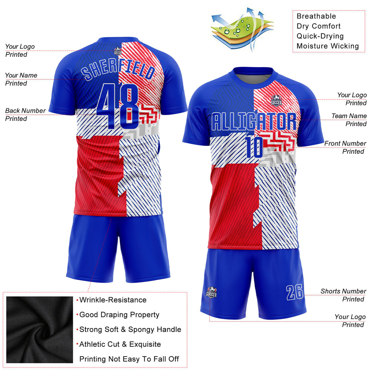 Cheap Custom Electric Blue Red-Navy Sublimation Soccer Uniform