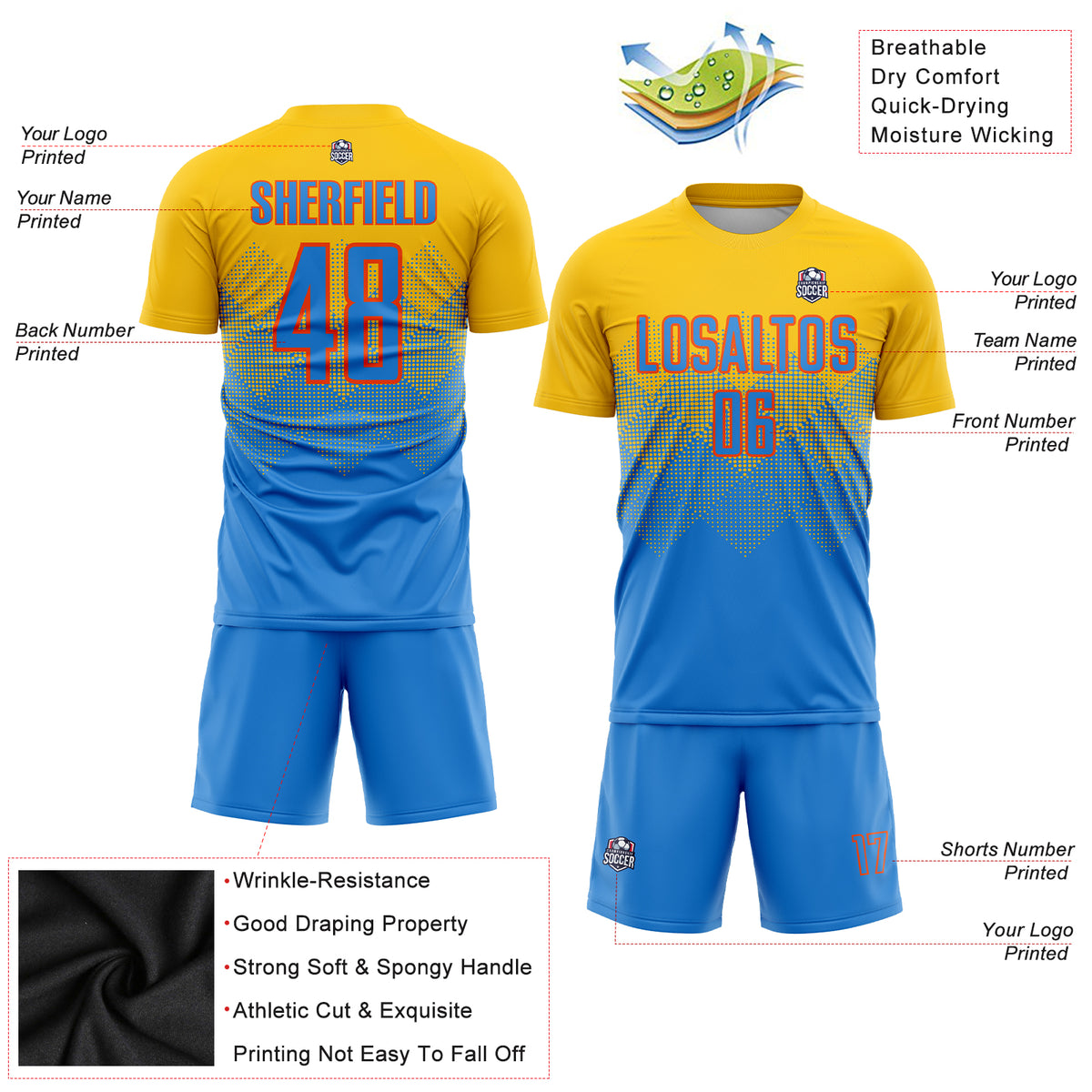 Custom Gold Orange Sublimation Fade Fashion Soccer Uniform Jersey