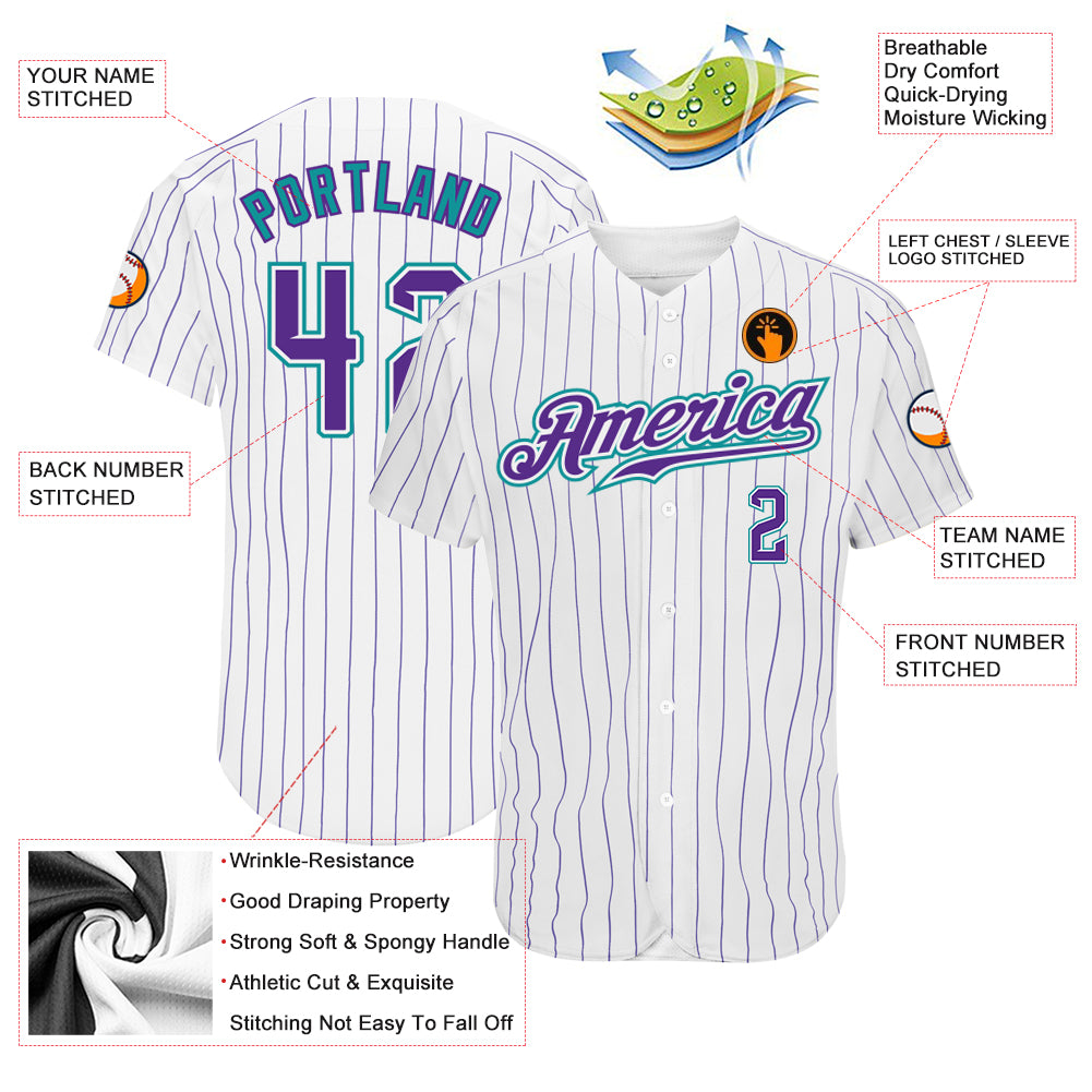 Custom Aqua Purple Pinstripe Purple-White Authentic Baseball Jersey Men's Size:2XL