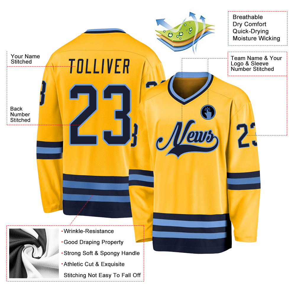 Custom Hockey Jersey Powder Blue Gold-White