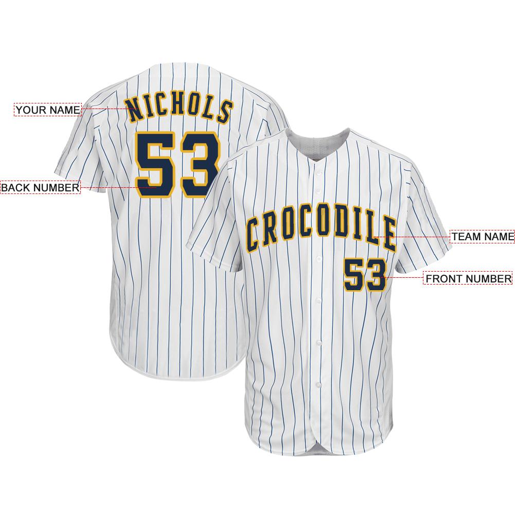 Custom Baseball Jersey White Royal Pinstripe Navy-Gold