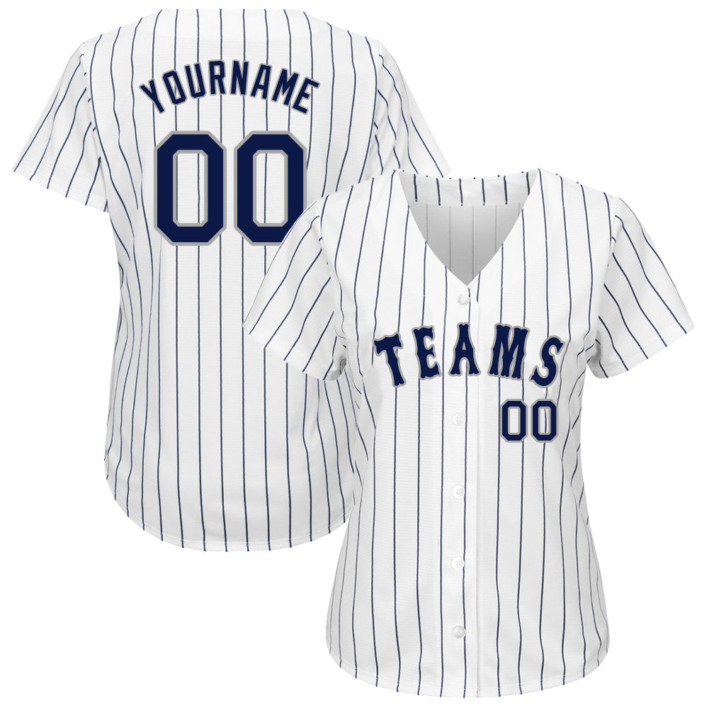 Custom White Navy Pinstripe Navy-Gray Authentic Throwback Rib-Knit Baseball Jersey Shirt Men's Size:L