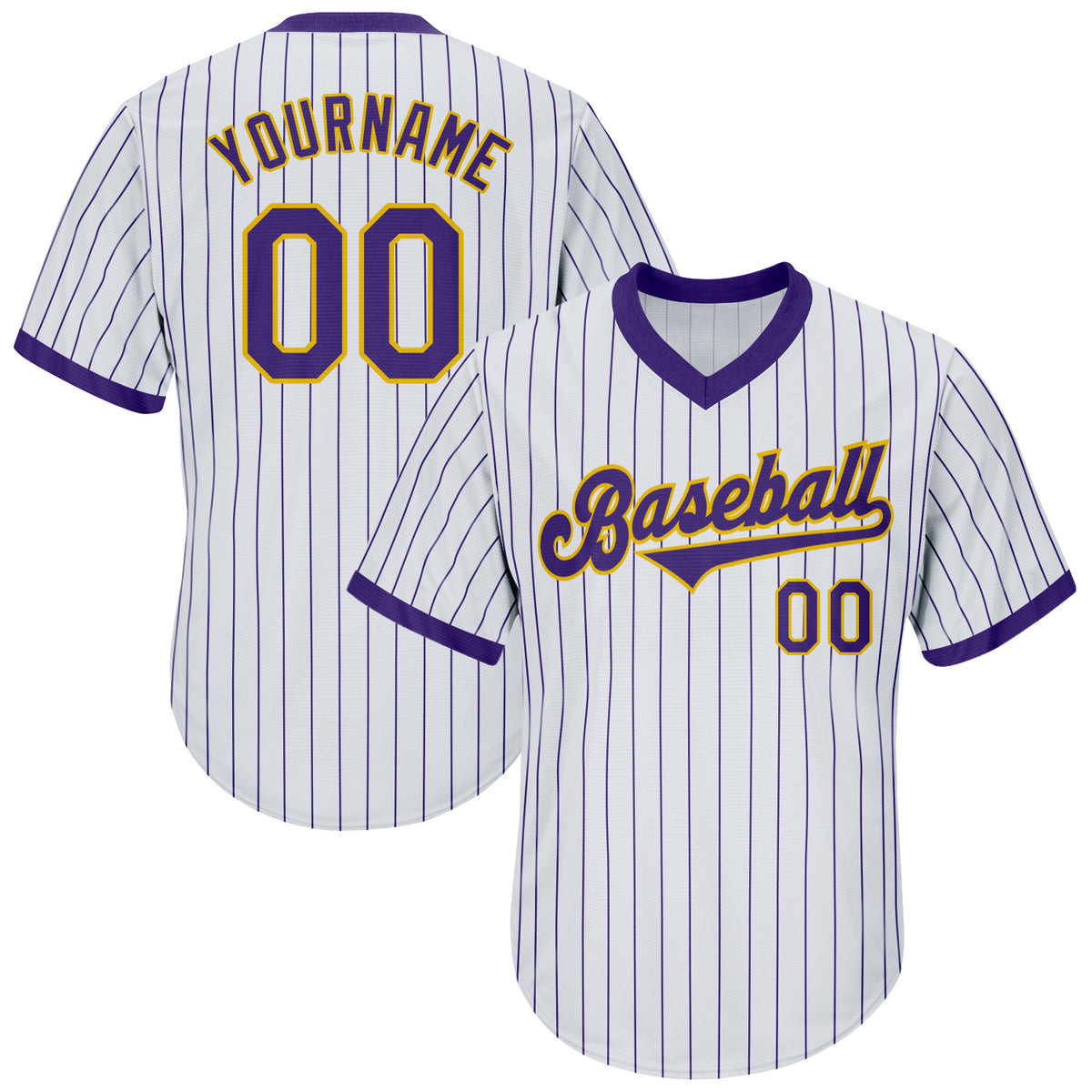 Custom White Purple Pinstripe Purple-Gold Authentic Baseball Jersey Preschool Size:L