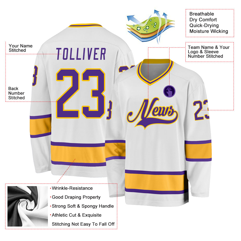 Custom Hockey Jersey White Purple-Gold