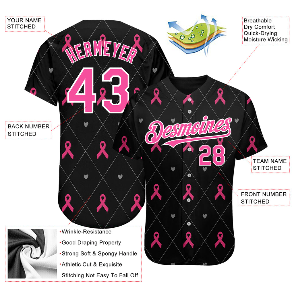 Custom Pink Ribbon Baseball Jersey Pink-White 3D Breast Cancer