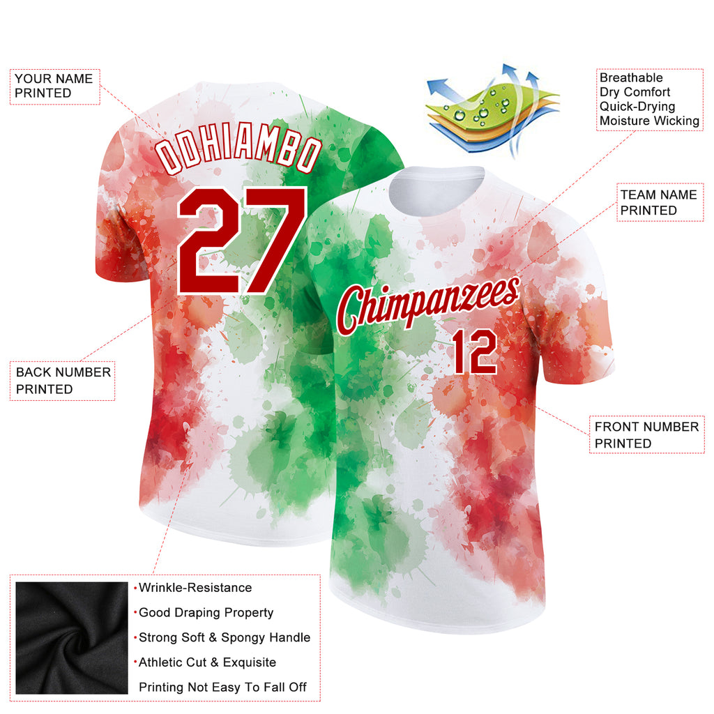 Custom Baseball Jersey Kelly Green Red-White 3D Mexican Flag Watercolored Splashes Grunge Design Authentic Women's Size:S