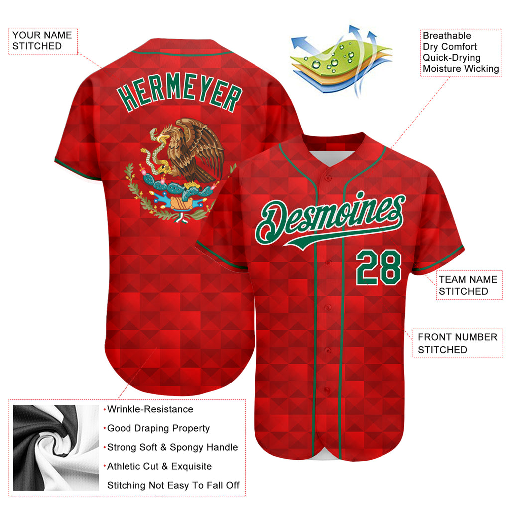 Custom Red Kelly Green-White 3D Mexico Authentic Baseball Jersey – Fiitg