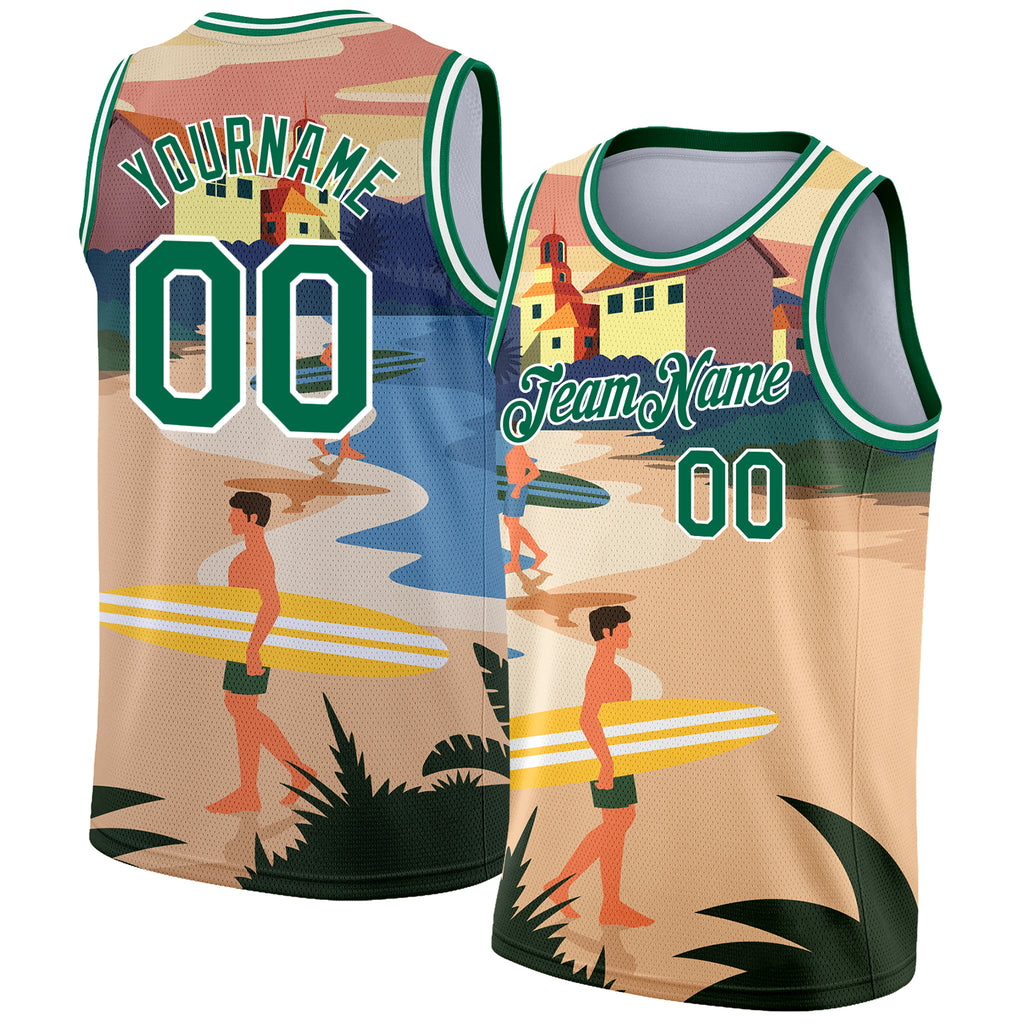 Custom Sand Kelly Green-White 3D Pattern Tropical Beach Hawaii Palm Trees Authentic Basketball Jersey