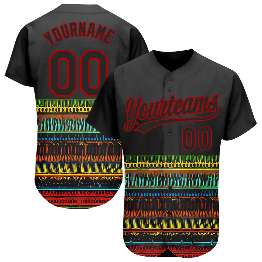 Custom Black Red 3D Pattern Design Traditional African Ethnic Style Authentic Baseball Jersey